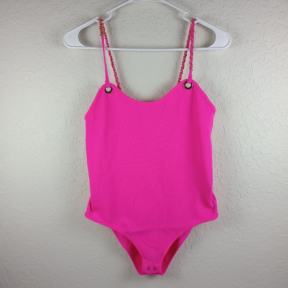 FCT Women'sVibrant‎ Pink Ribbed One-Piece Swimwear/Bodysuit Size L